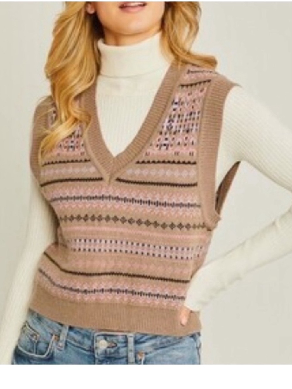 Love Tree Mocha Fair Isle Knit Vest with Pink Accents. Size M